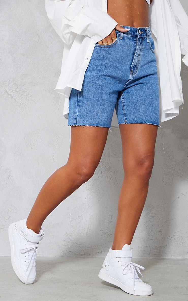 PRETTYLITTLETHING Mid Blue Wash Longline Fitted Denim Shorts Product Image