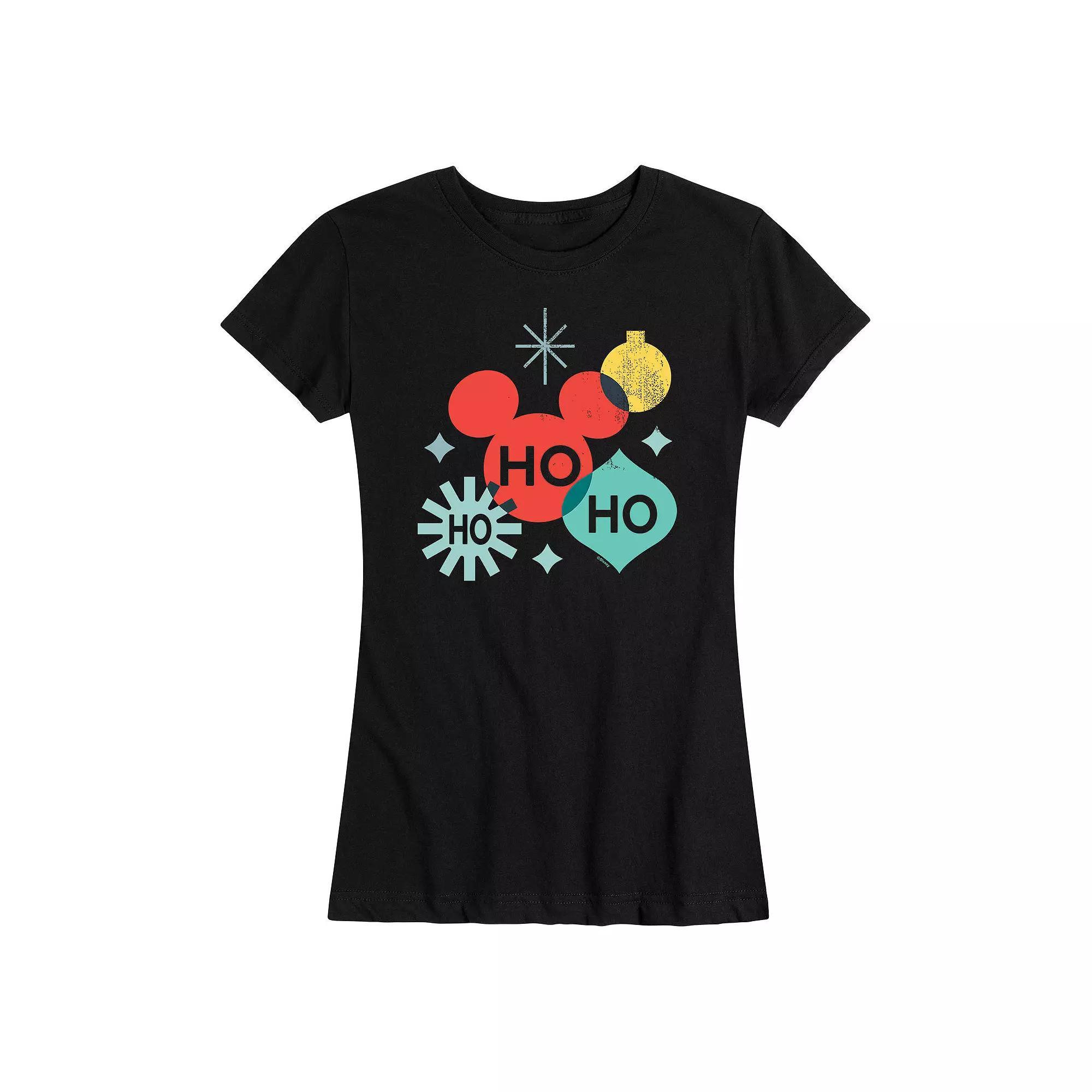 Disney's Mickey Mouse Women's "Ho Ho Ho" Ornaments Holiday Graphic Tee, Girl's, Size: Large, Black Product Image