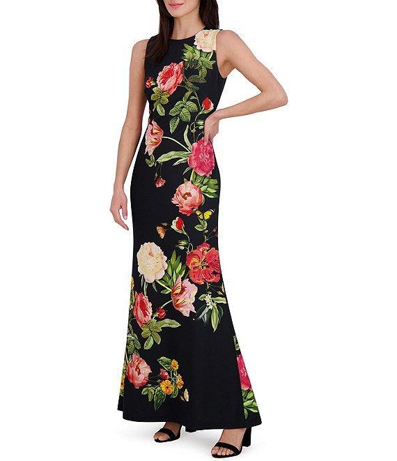 Vince Camuto Woven Floral Print Round Neck Sleeveless Maxi Gown Product Image