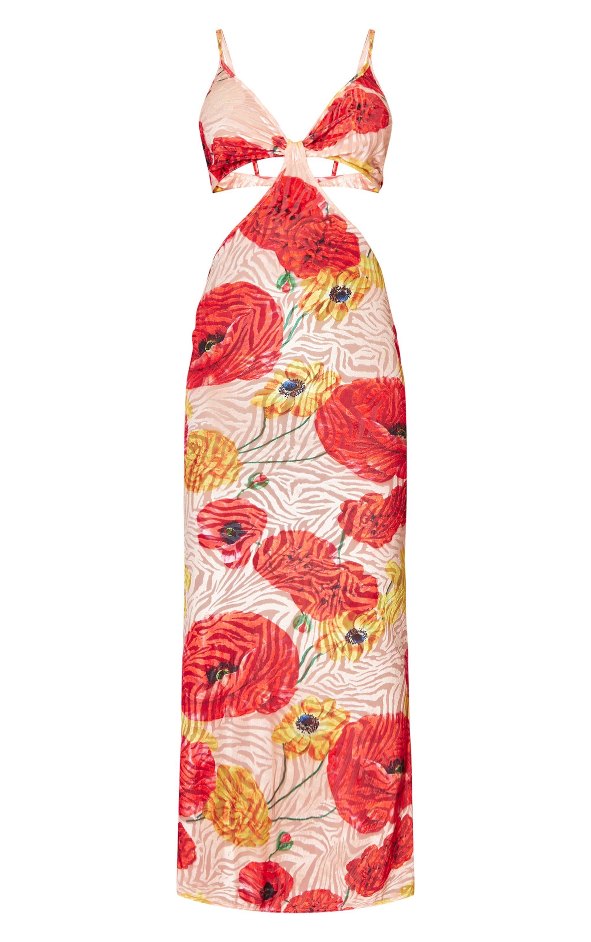  Red Floral Print Devore Cut Out Maxi Dress Product Image