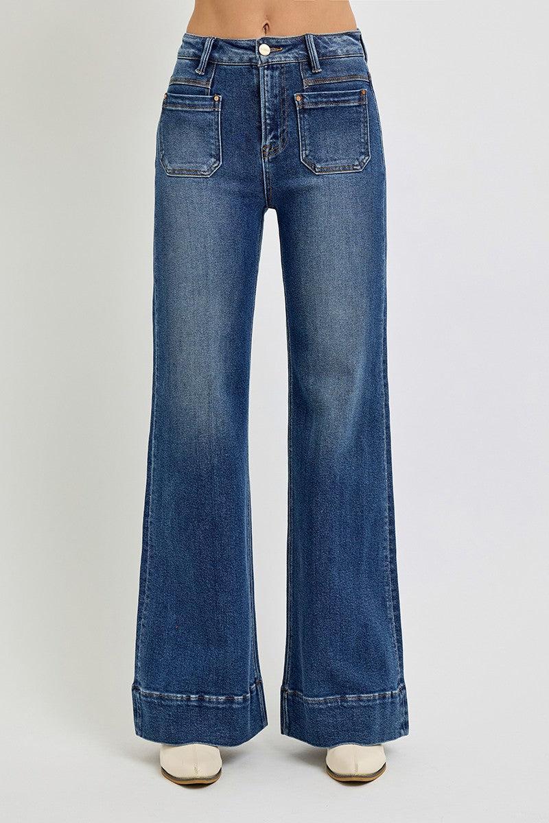 PLUS High Rise Wide Flare Patch Pocket Jeans Product Image