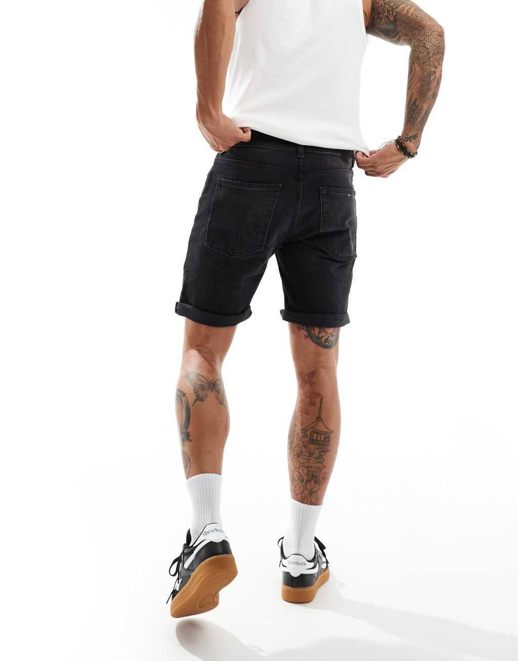 Pull&Bear slim fit ripped denim shorts in washed black Product Image