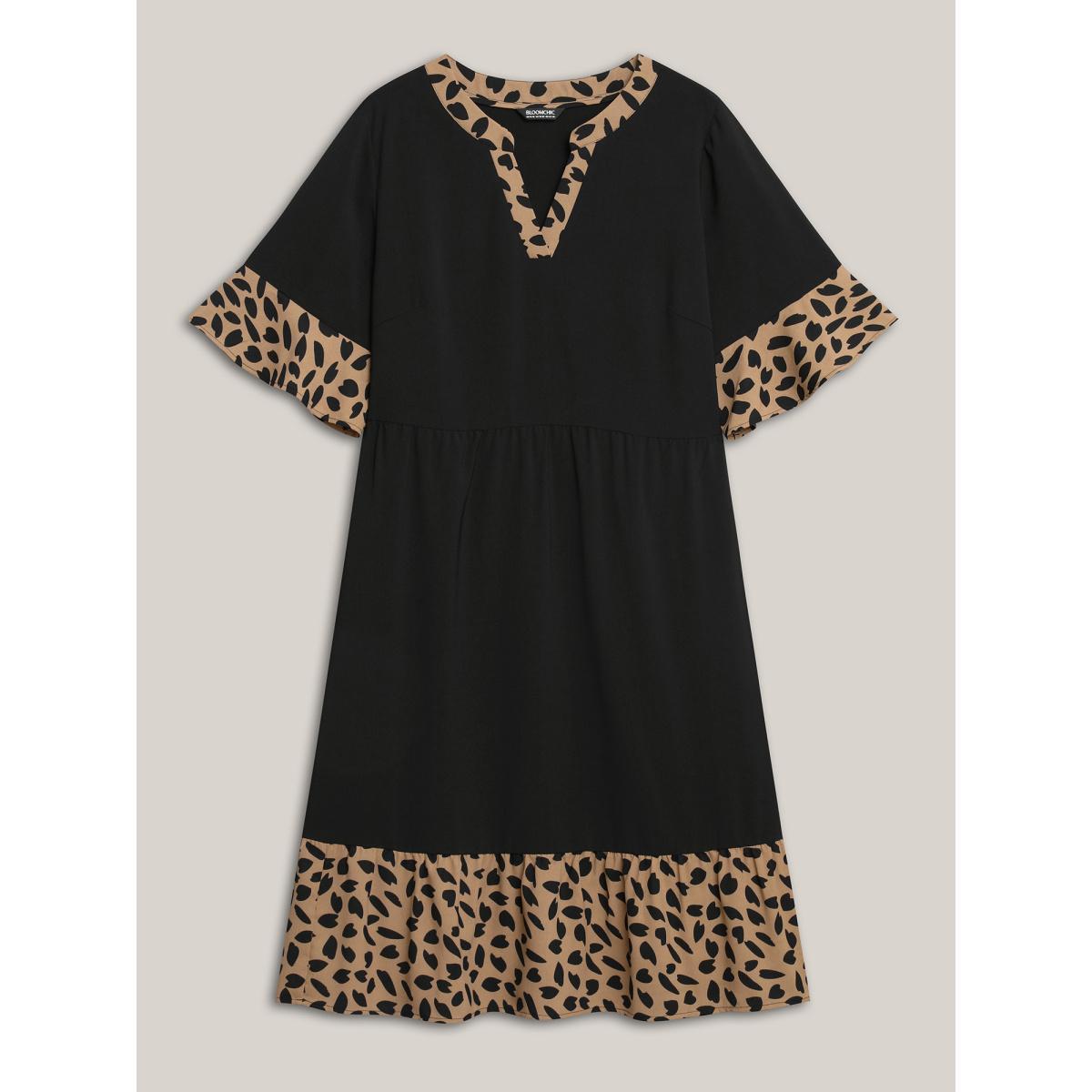 Plus Size Leopard Print Spliced Tiered Midi Dress Black Women Casual Patchwork Flat collar Half Sleeve Curvy BloomChic 18-20/2X Product Image