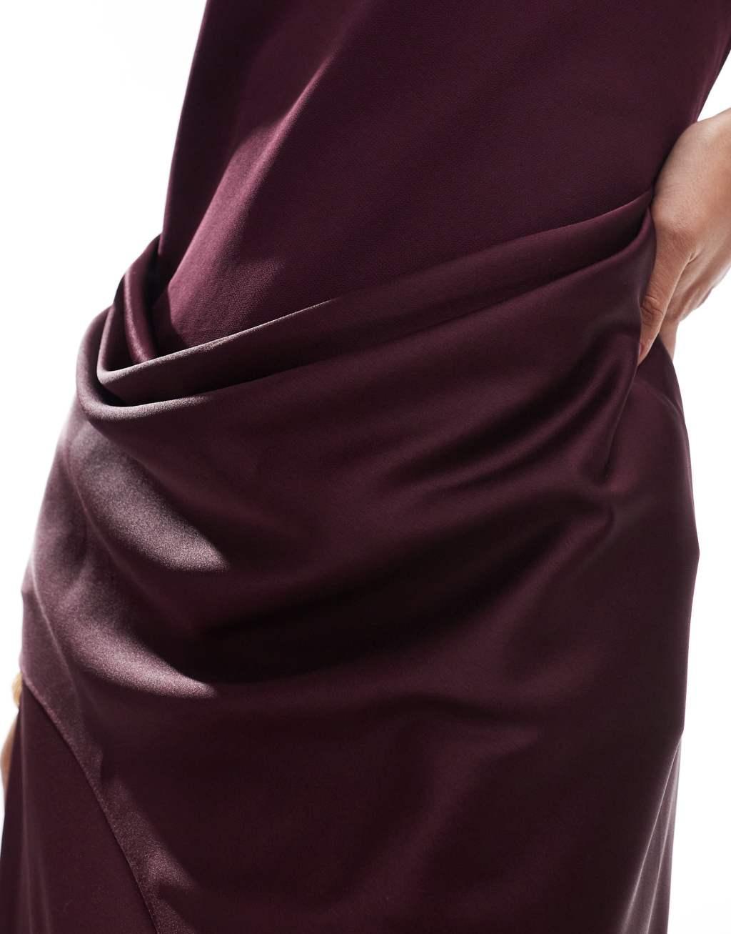 ASOS DESIGN scoop neck satin drape overlay maxi dress in burgundy Product Image