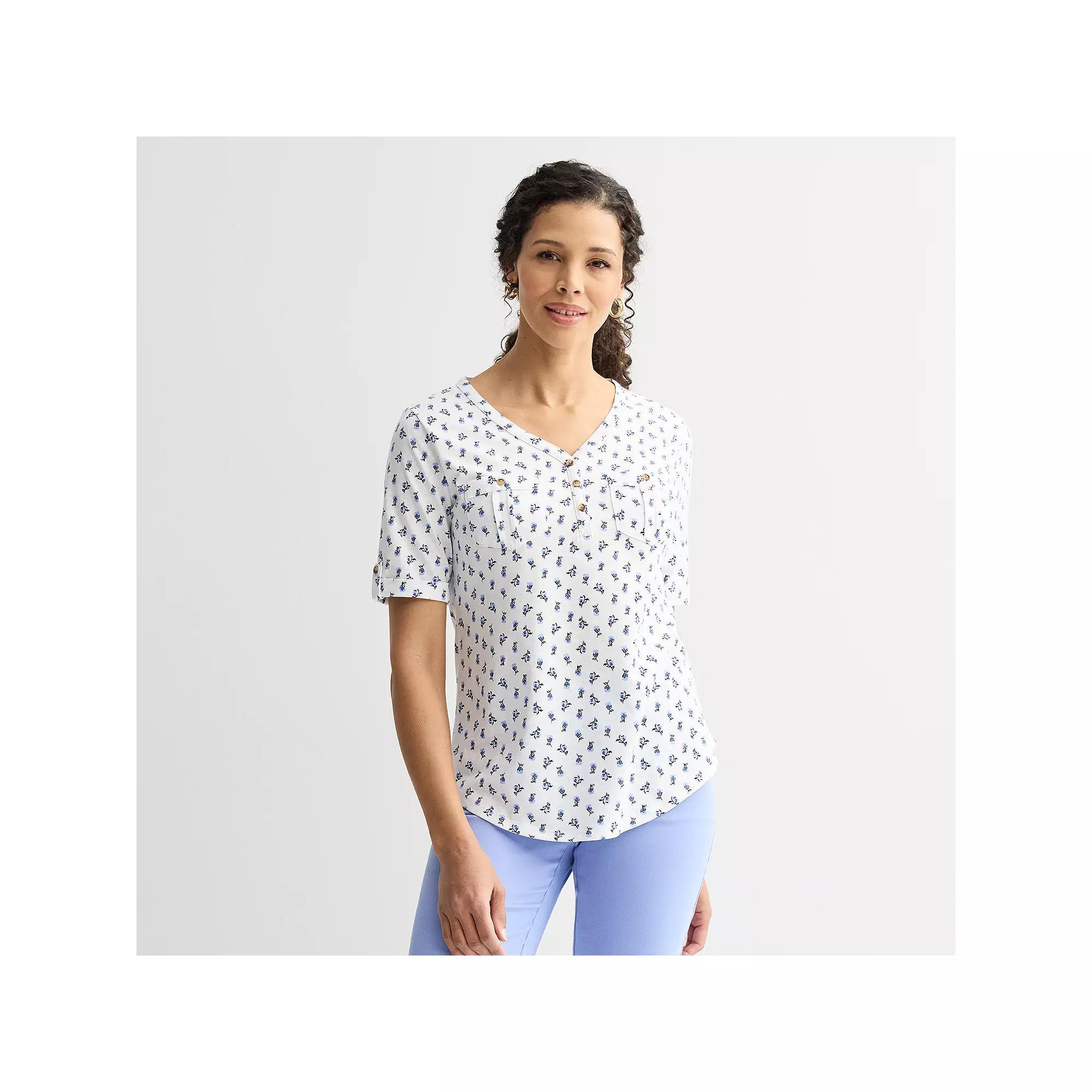 Women's Croft & Barrow® Elbow Sleeve Utility Henley Top, Size: Medium, Blue Micro Floral Product Image