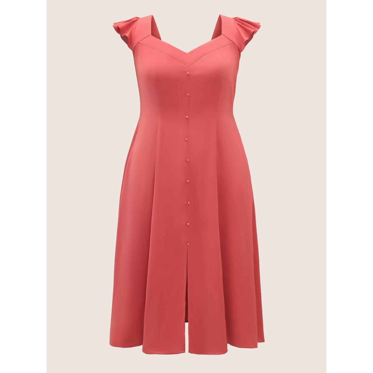 Plus Size Solid Ruffle Cap Sleeve Button Detail Midi Dress Russet Women Elegant Button Heart neckline Cap Sleeve Curvy BloomChic 10/M Product Image