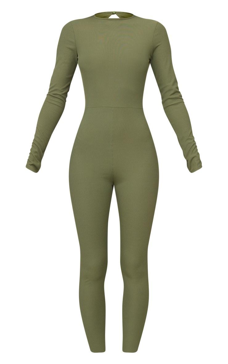 Moss Khaki Rib Long Sleeve Thumb Hole Jumpsuit Product Image