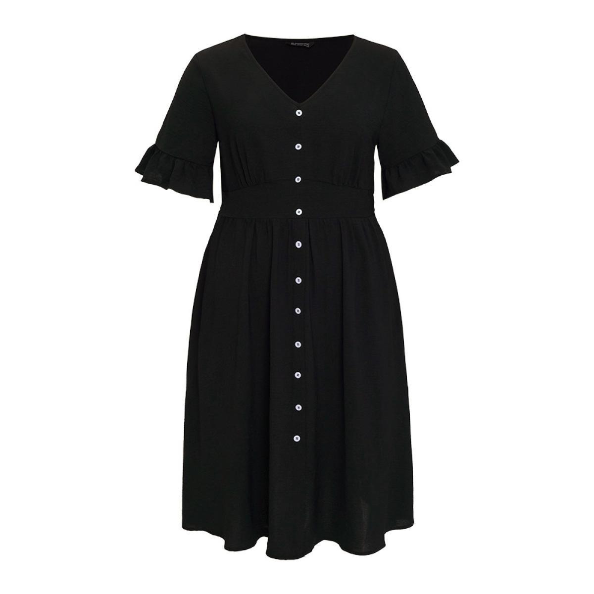 Plus Size Solid Bell Sleeve Button Detail Pocket Gathered Dress Black Women Elegant V-neck Half Sleeve Curvy Midi Dress BloomChic 12/L Product Image