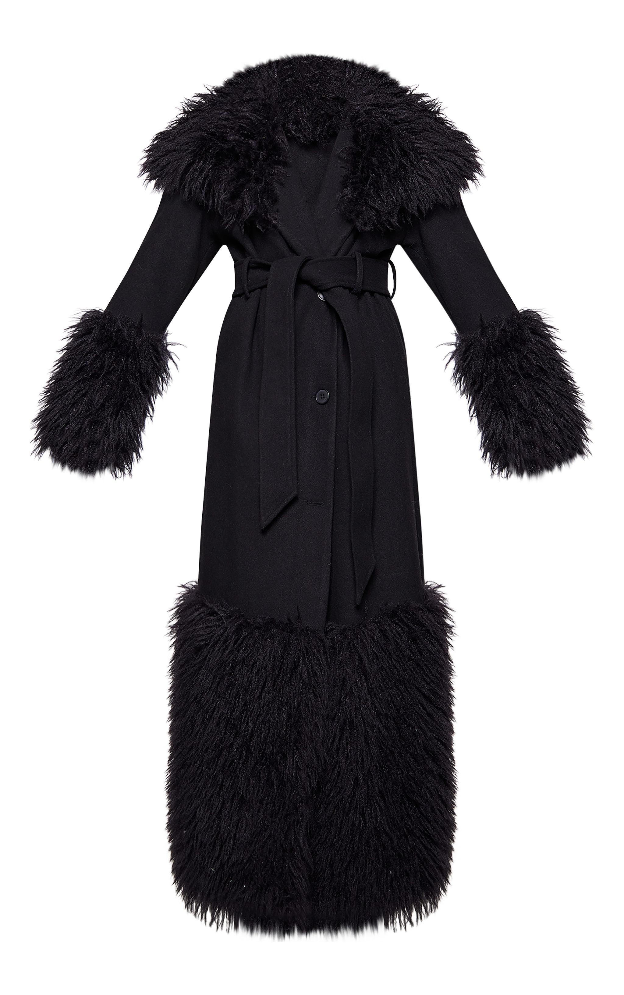 Black Faux Fur Trim Contrast Wool Look Coat Product Image