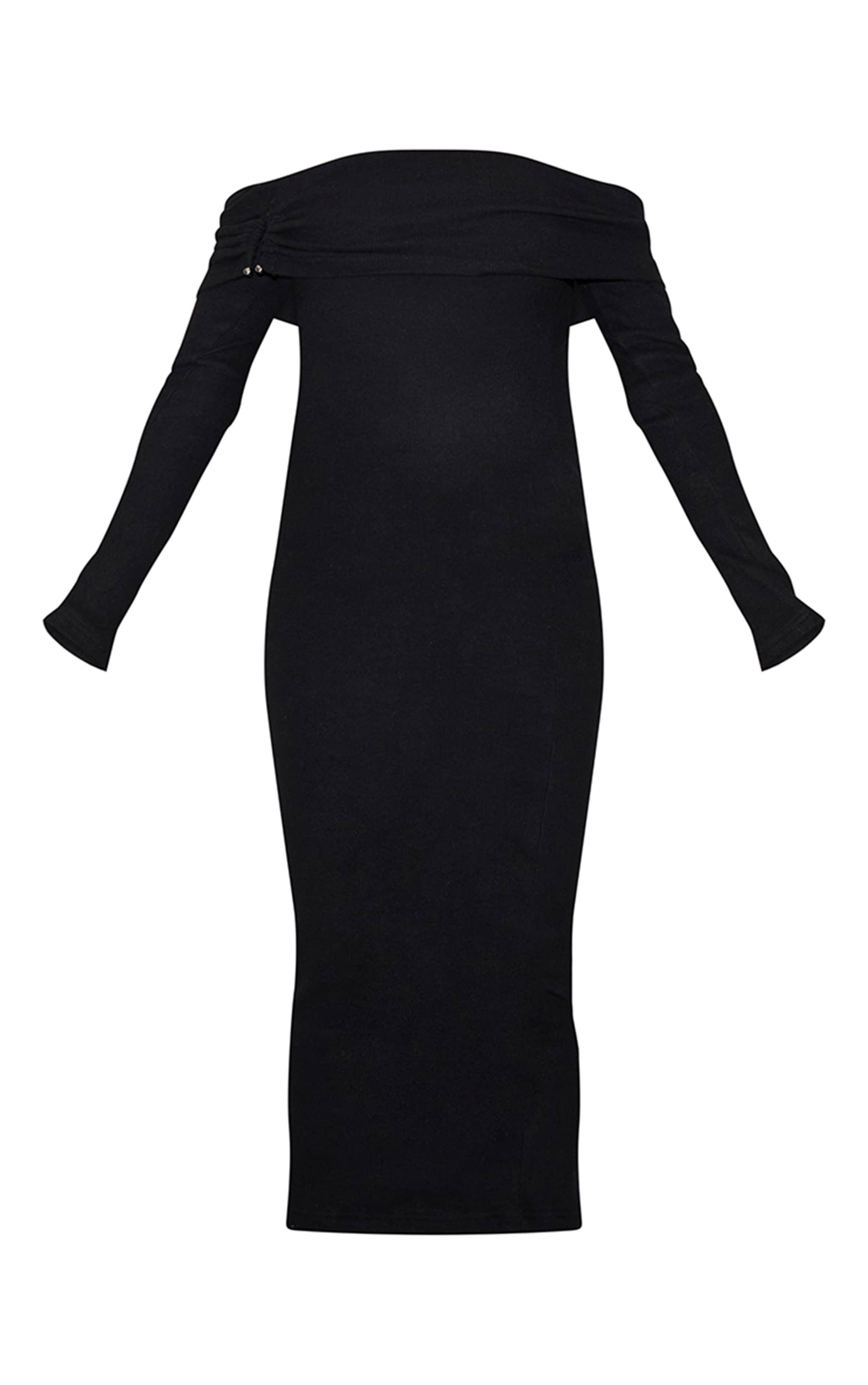 Maternity Black Heavy Brushed Rib Bardot Midaxi Dress Product Image