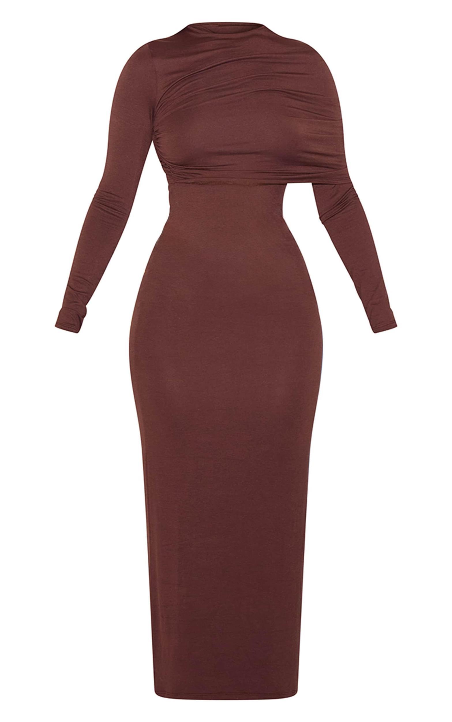 Chocolate Ruched Overlay Long Sleeve Maxi Dress Product Image