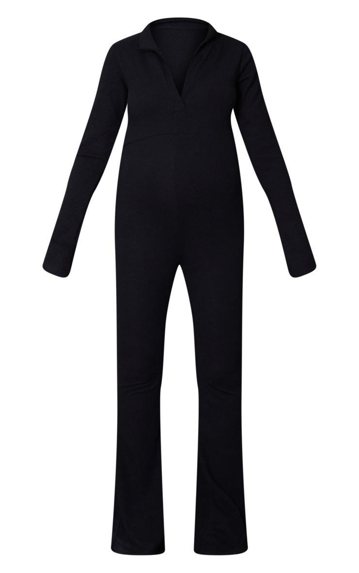 Maternity Black Ribbed Collar Long Sleeve Jumpsuit Product Image