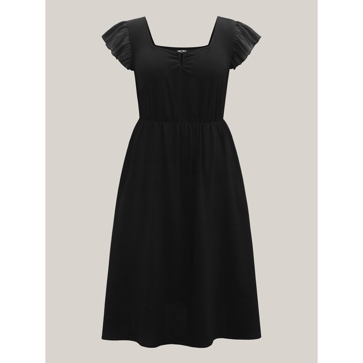 Plus Size Spliced Gathered Neckline Pockets Midi Dress Black Women Square Neck Cap Sleeve Curvy BloomChic 14-16/1X Product Image