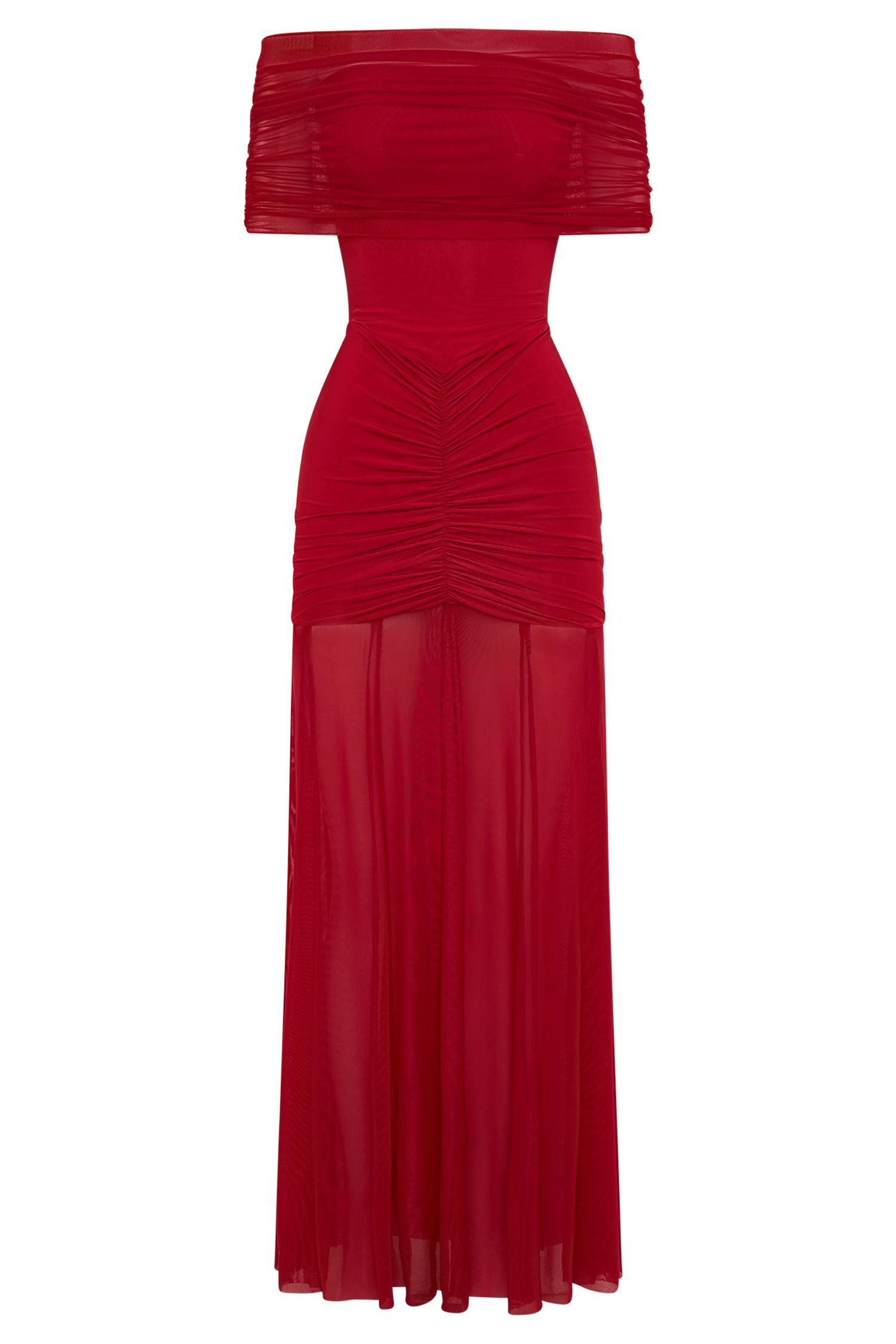 Caspian Slinky And Mesh Off Shoulder Maxi Dress - Ruby Product Image