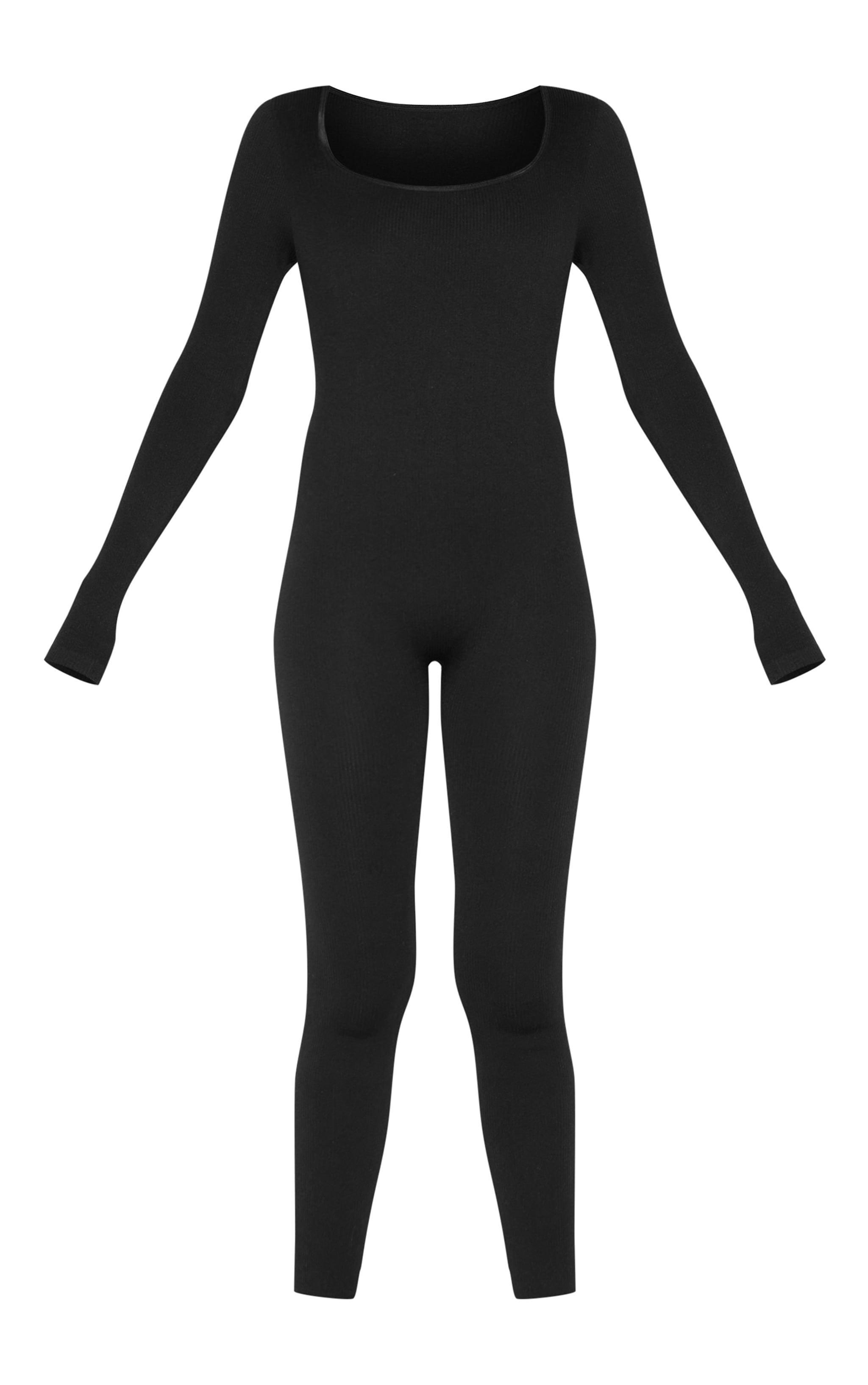 Black Snatched Rib Square Neck Long Sleeve Jumpsuit Product Image