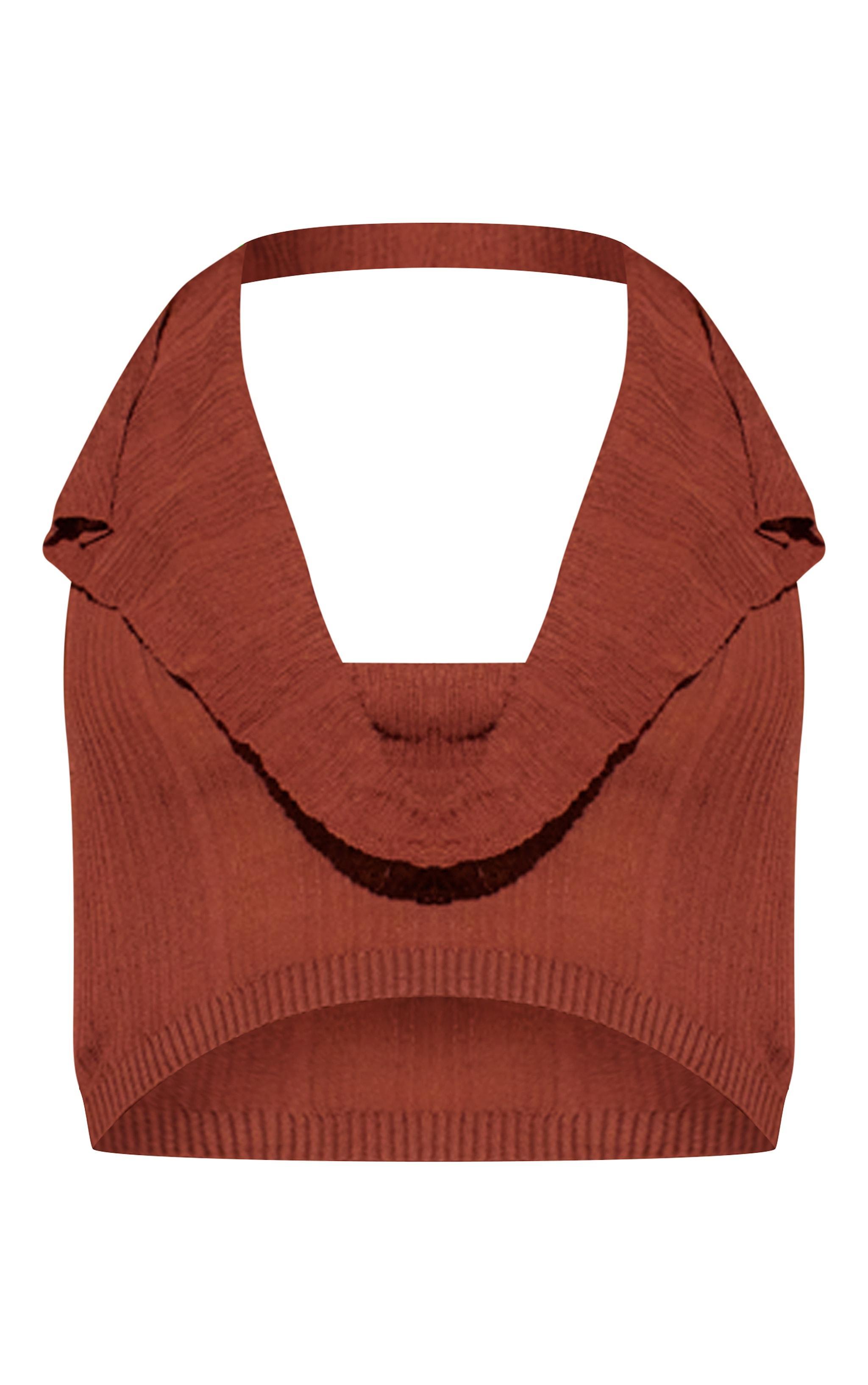 Chocolate Sheer Ribbed Knit Cowl Neck Halterneck Top Product Image