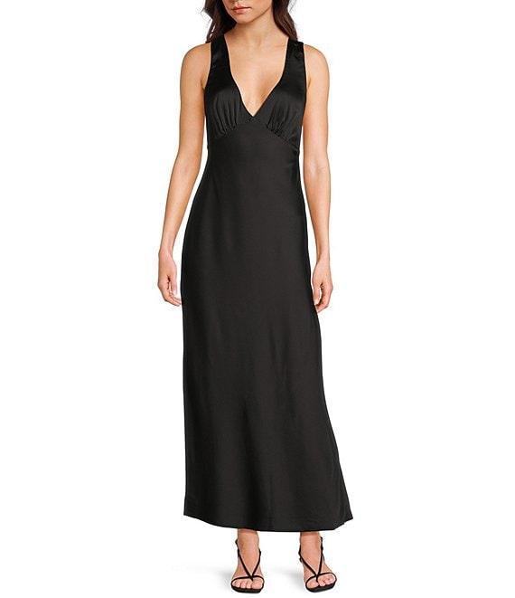 Midnight Doll Satin V-Neck Sleeveless Back Drape Dress Product Image