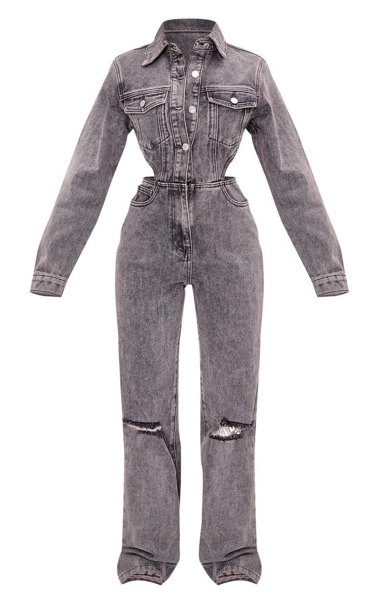 Petite Washed Grey Denim Cut Out Jumpsuit Product Image