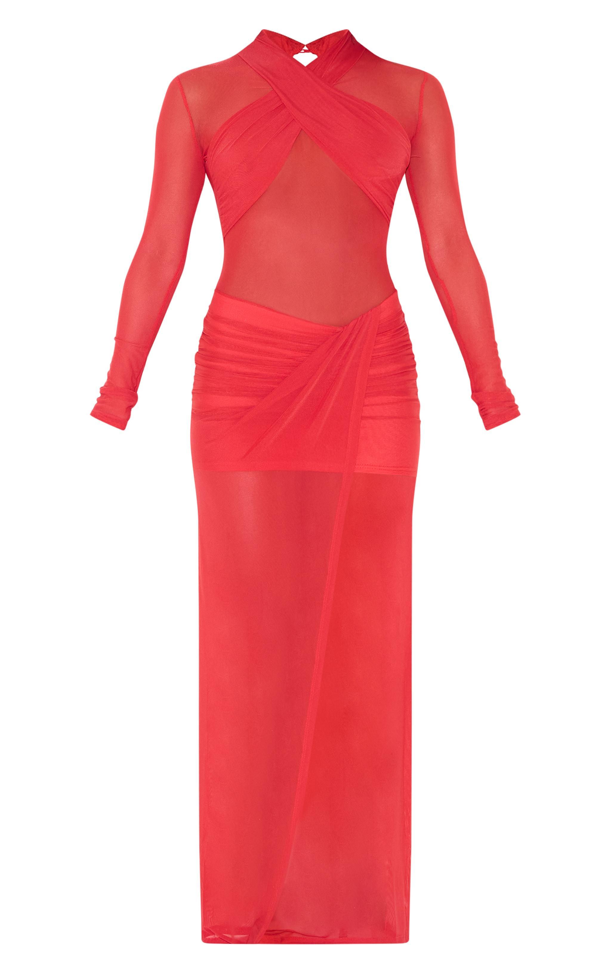 Red Mesh Crossover Bust Detail Ruched Skirt Maxi Dress Product Image