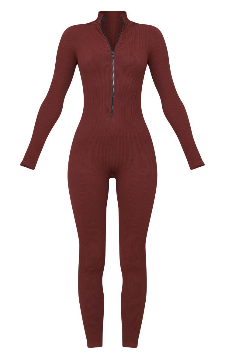 Chocolate Structured Snatched Rib Zip Jumpsuit Product Image