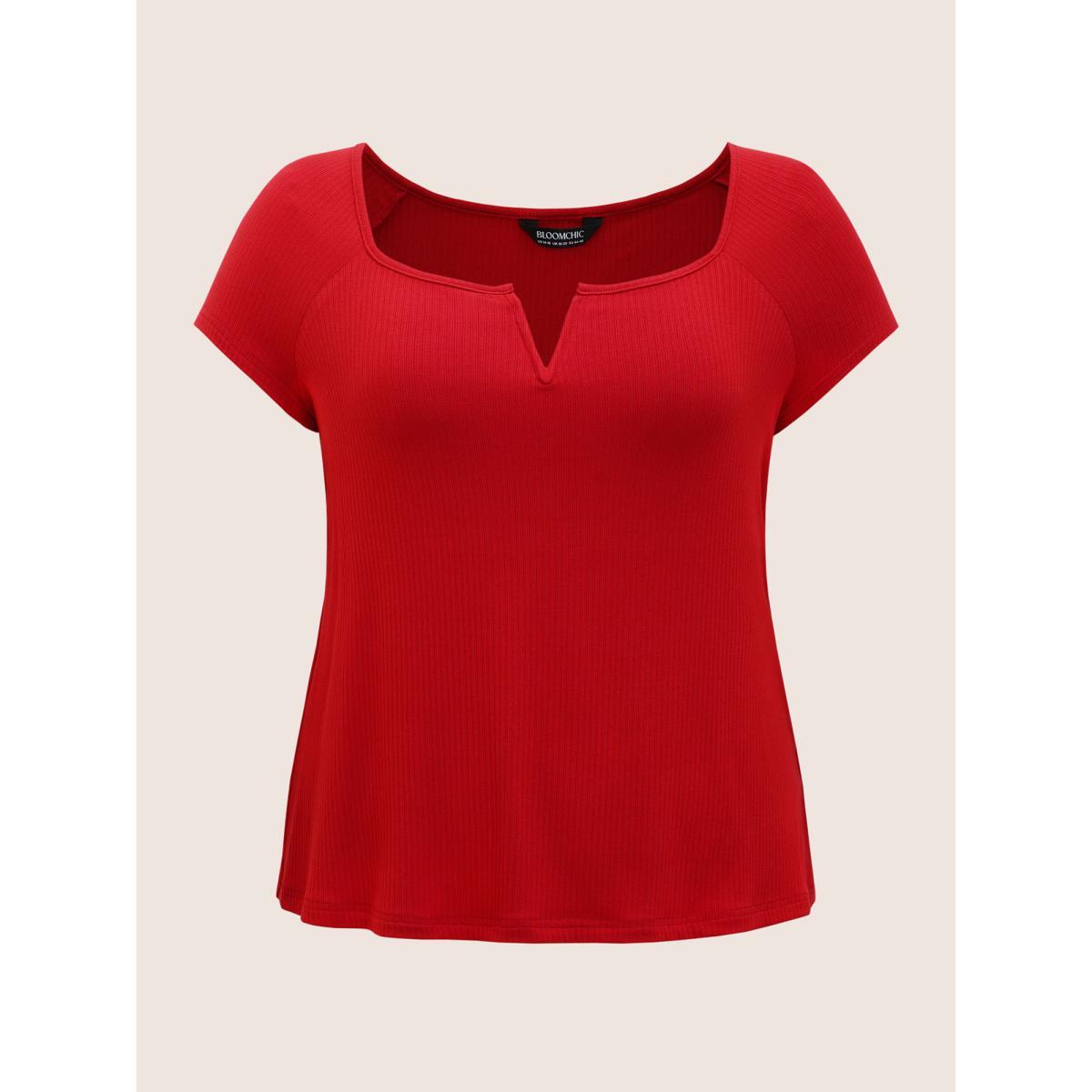 Plus Size Solid Notched Collar Pit Strip T-shirt Brightred Women Timeless Non Notched collar Bodycon Elegant T-shirts BloomChic 26/4X Product Image