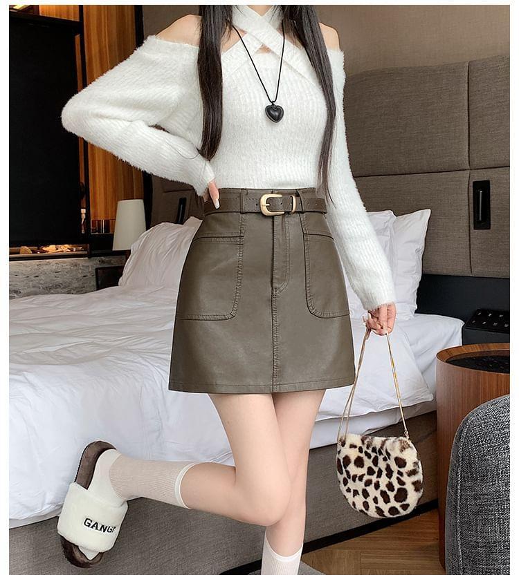 High Waist Faux Leather Mini Skirt Product Image