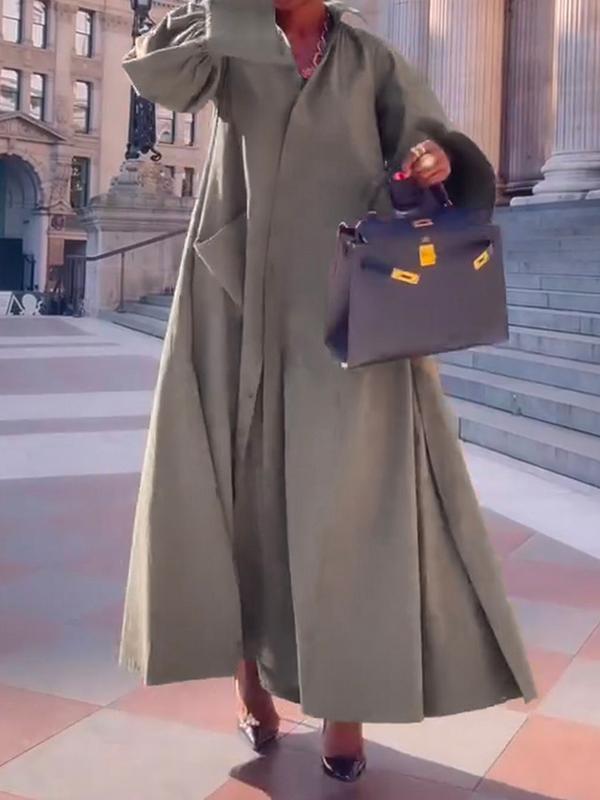 Long Sleeves Loose Solid Color Split-Joint Split-Side Lapel Maxi Dresses Shirt Dress Product Image