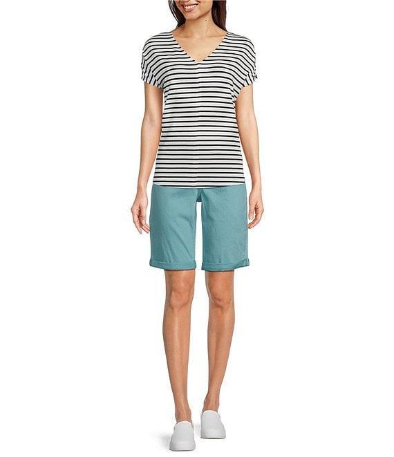 Code Bleu Stretch Denim Soho High Rise Stacked Waist Double Button Bermuda Shorts Product Image