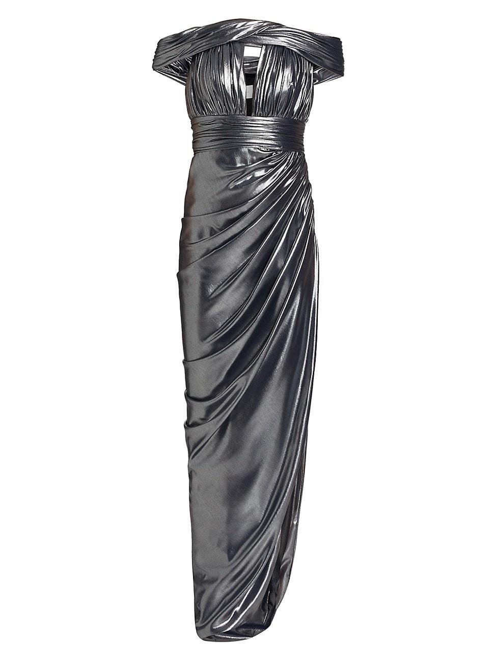 Womens Pleated Metallic Asymmetric Gown Product Image