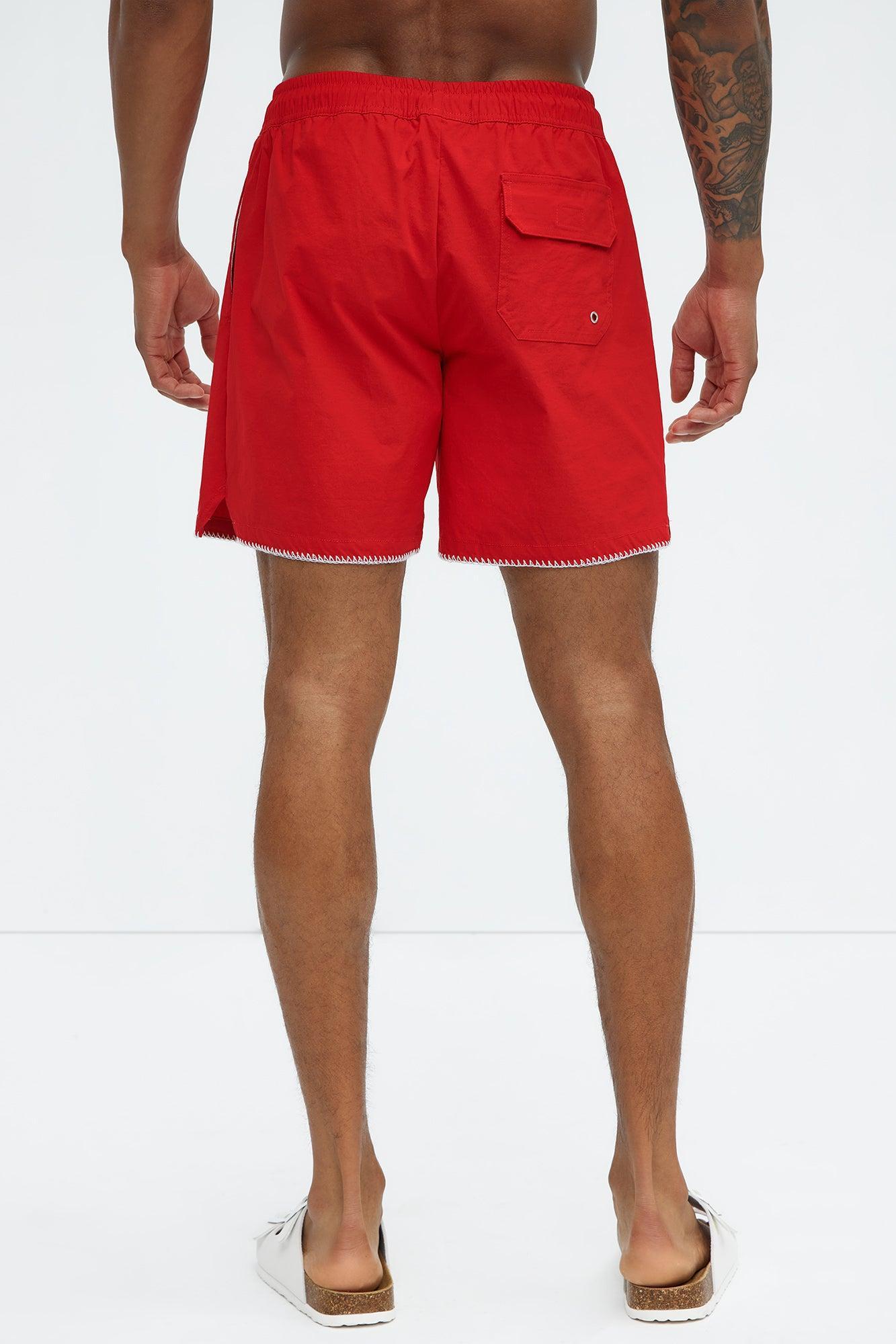 Palm Embroidered Swim Mid Trunk - Red Product Image