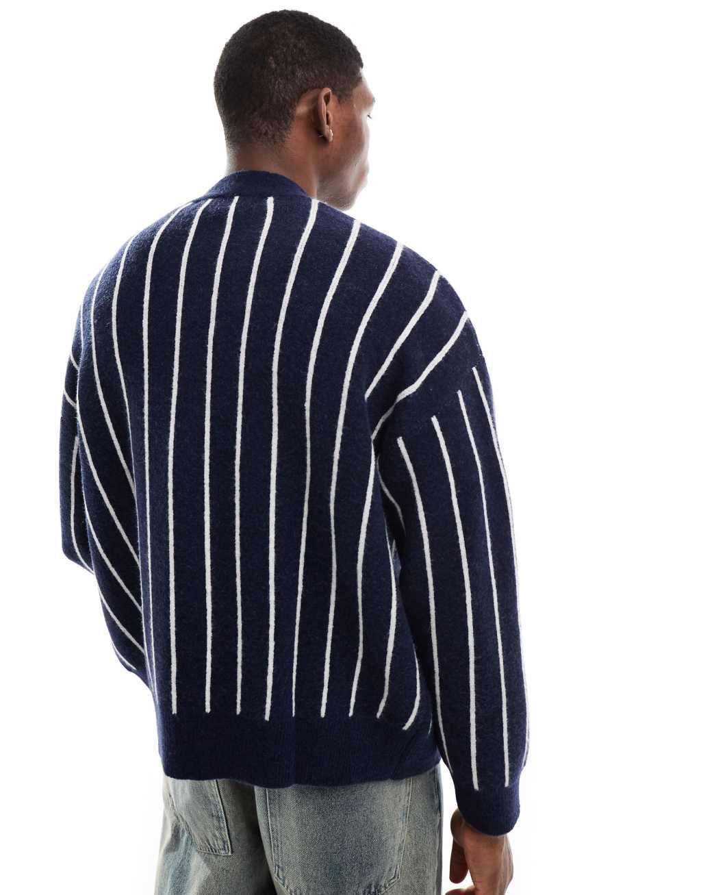 Bershka knitted stripe cardigan in navy Product Image