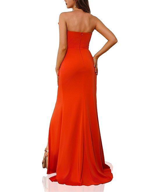 Terani Couture Strapless 3D Ruffle Front Slit Crepe Sheath Gown Product Image