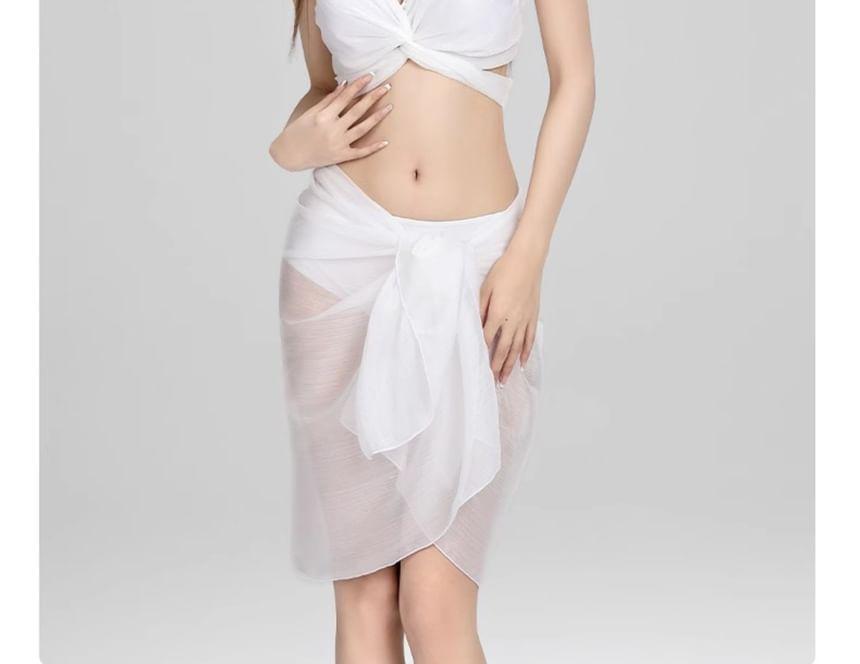 Set: Halter Plain Twist Bikini Top + Bottom + Cover Up Skirt Product Image