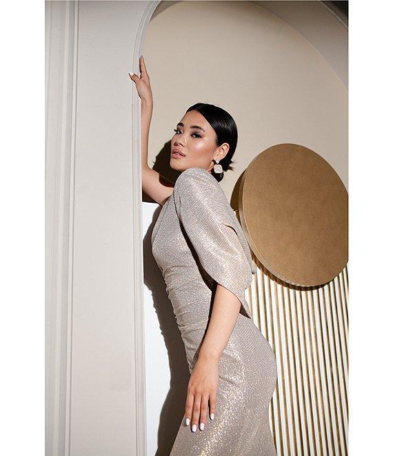 Betsy & Adam Petite Size Draped Back 3/4 Cape Sleeve Round Neck Metallic Crinkled Ruched Sheath Gown Product Image