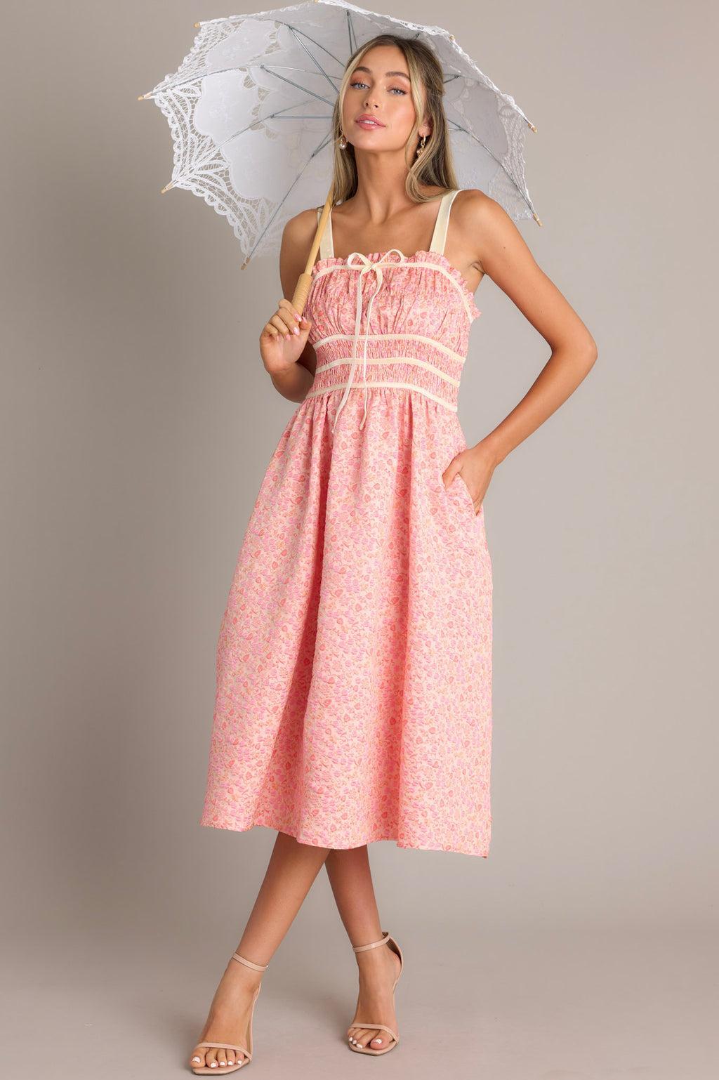 Petal Waltz Pink Coral Floral Jacquard Midi Dress Product Image