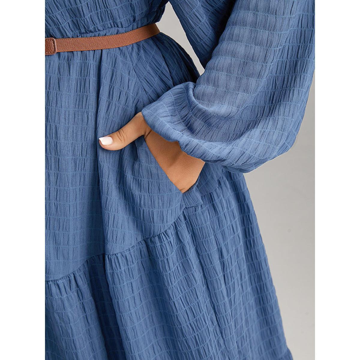 Plus Size Plisse Twist Front Layered Hem Dress Cerulean Women Elegant Elastic cuffs Square Neck Long Sleeve Curvy Midi Dress BloomChic 12/L Product Image