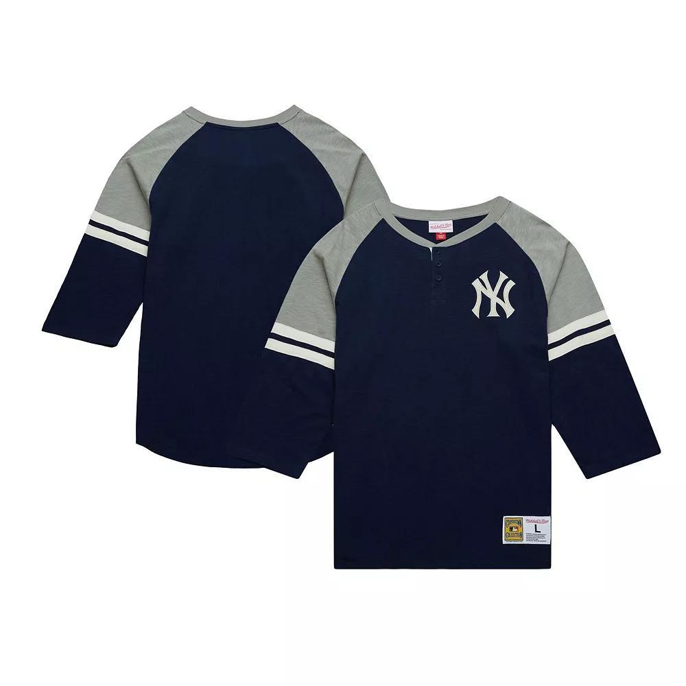 Men's Mitchell & Ness Navy New York Yankees Cooperstown Collection Legendary Raglan Slub Henley 3/4-Sleeve T-Shirt, Size: Small, Blue Product Image
