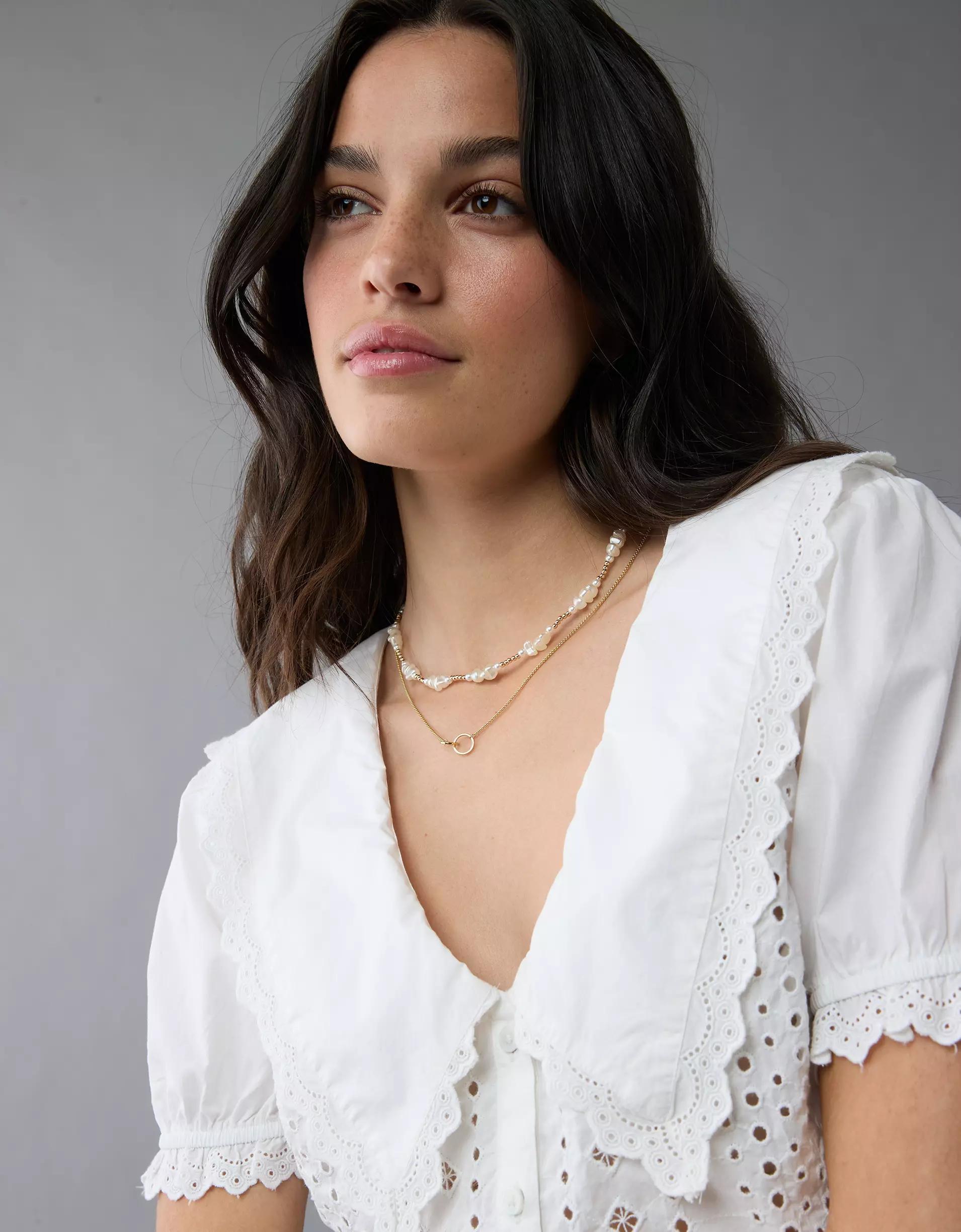 AE Short-Sleeve Ruffle Collar Eyelet Crop Top Product Image
