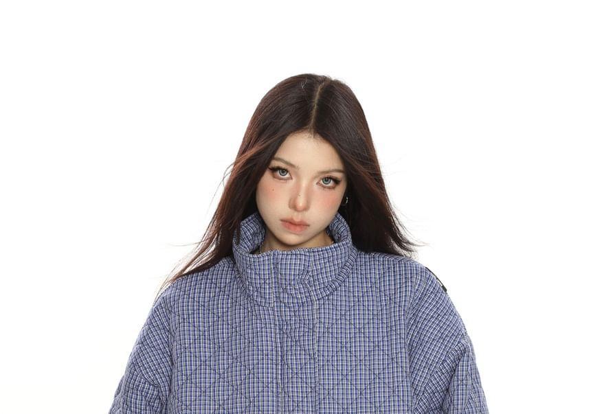 Stand Collar Plaid Zip Puffer Jacket Product Image