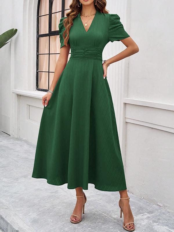 A-Line High Waisted Pleated Solid Color Zipper V-Neck Maxi Dresses Product Image