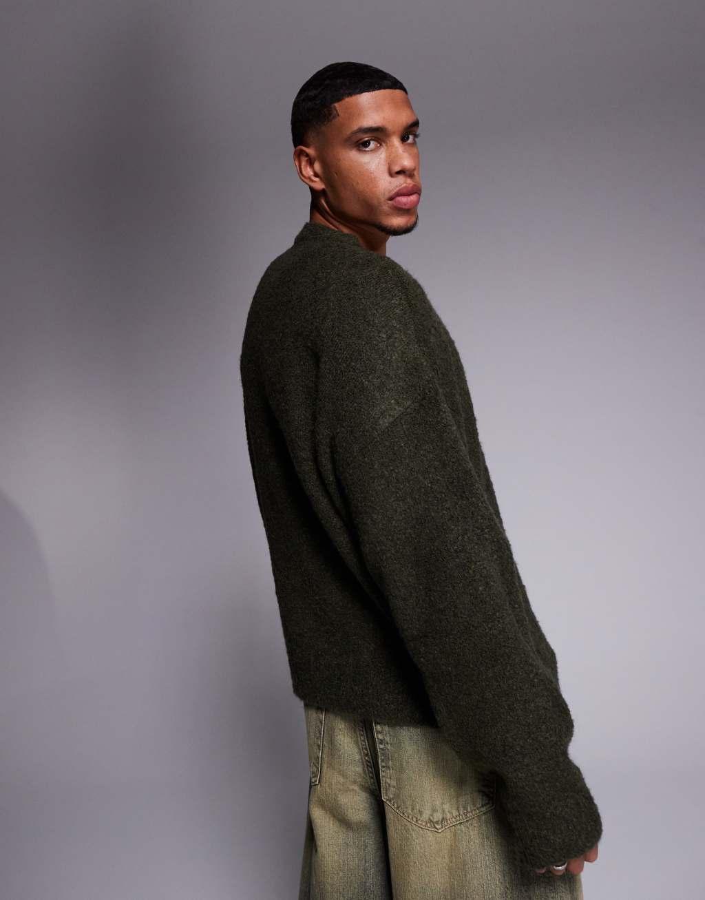 ASOS DESIGN oversized boxy fit textured knit crew neck sweater in olive Product Image