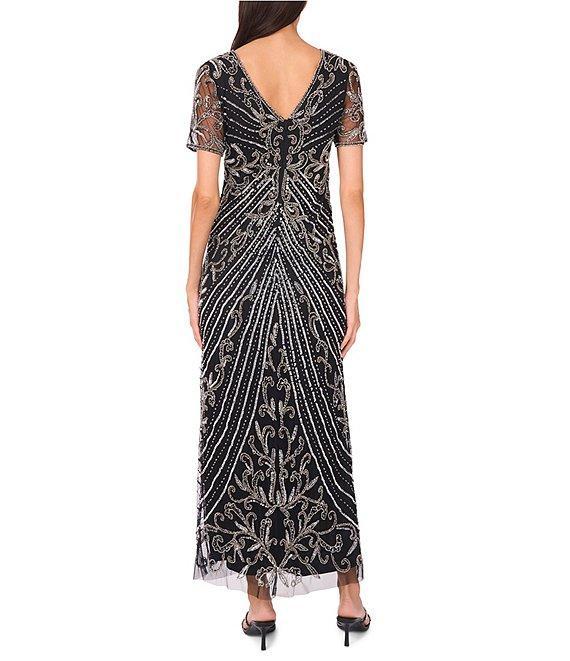 Pisarro Nights Mesh Short Sleeve Beaded Sheath Gown Product Image
