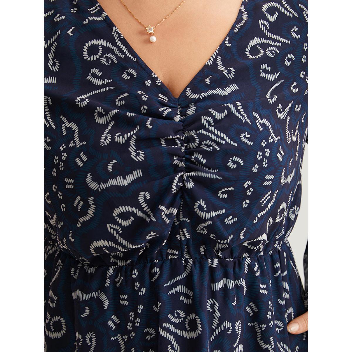 Plus Size Geometric Pocket Ruched Mesh Dress Cerulean Women Office Gathered V-neck Long Sleeve Curvy Midi Dress BloomChic 28/5X Product Image