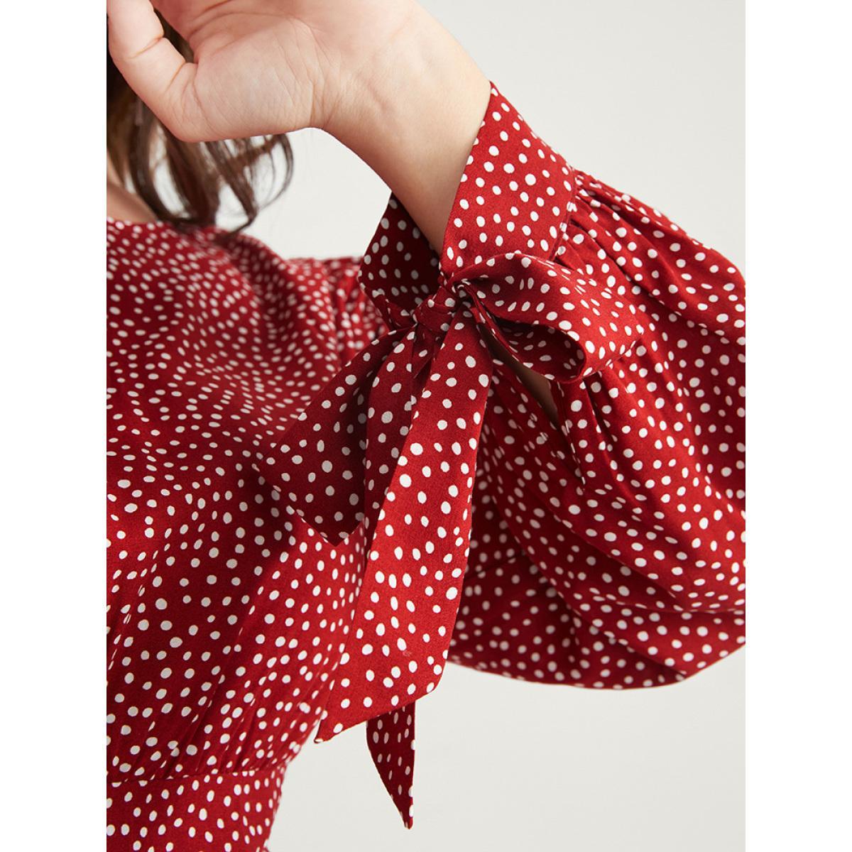 Plus Size Polka Dot Knotted Sleeve Pocket Shirred Split Dress Scarlet Women Elegant Cross straps Round Neck Long Sleeve Curvy Midi Dress BloomChic 14-16/1X Product Image