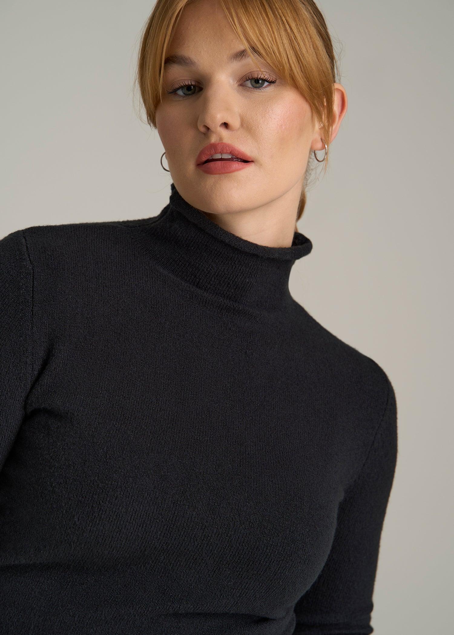 Rolled Mock Neck Sweater for Tall Women in Black Female Product Image
