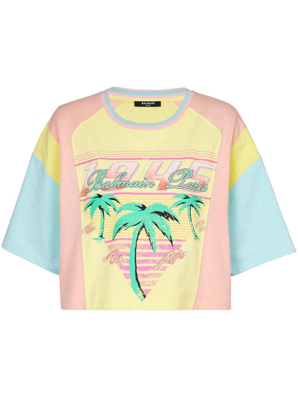 BALMAIN Palm Tree-print Cropped T-shirt In Multi Product Image