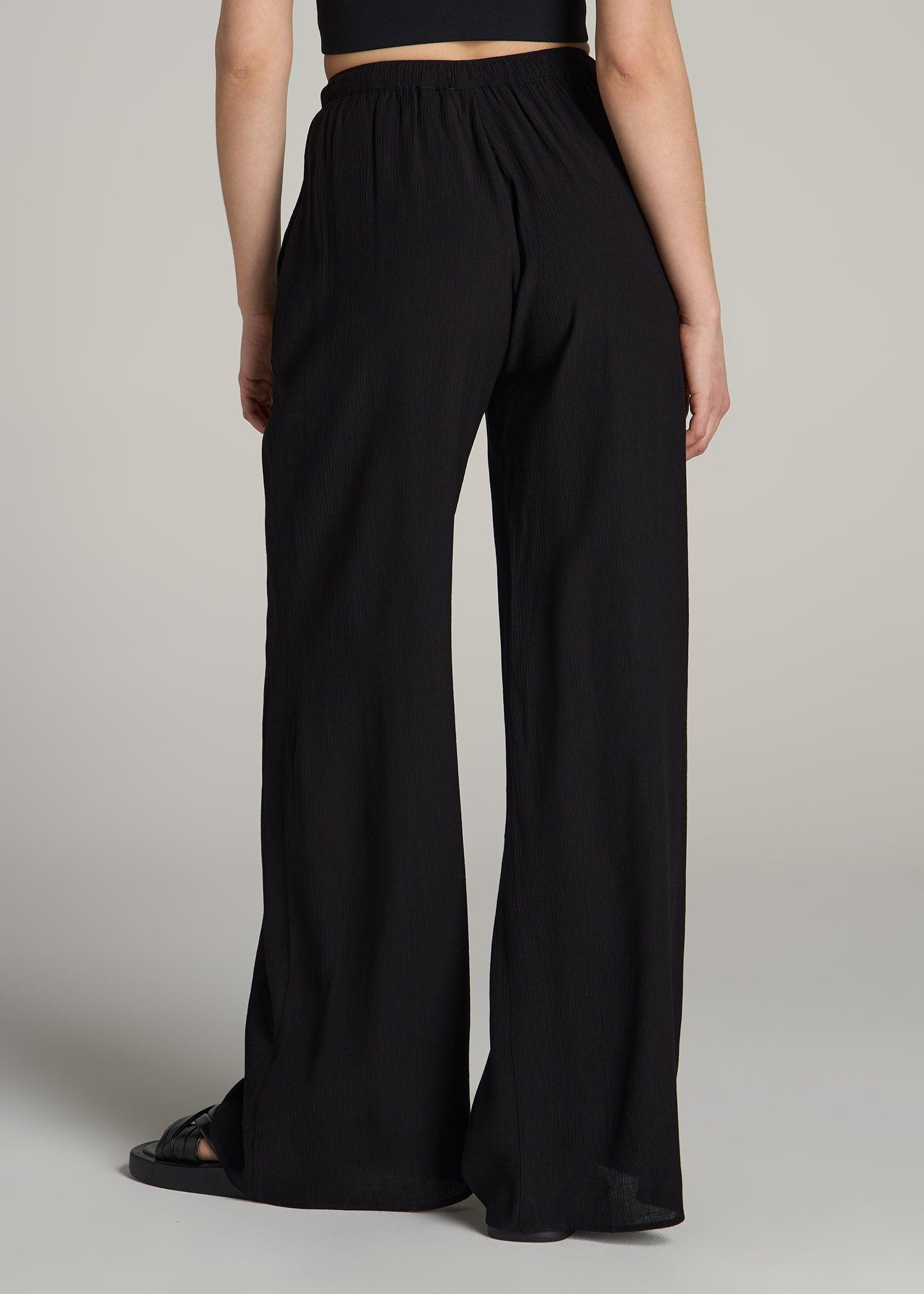 Crinkle Pull-on Wide-leg Pants for Tall Women in Black Female Product Image