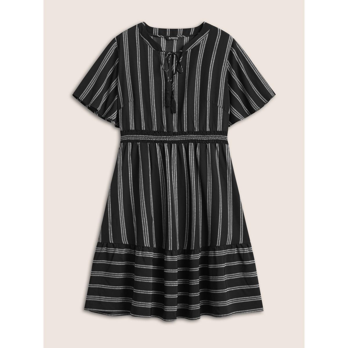 Plus Size Striped Patchwork Tassels Ties Shirred Dress Black Women Boho Non V-neck Short sleeve Curvy Midi Dress BloomChic 14-16/1X Product Image