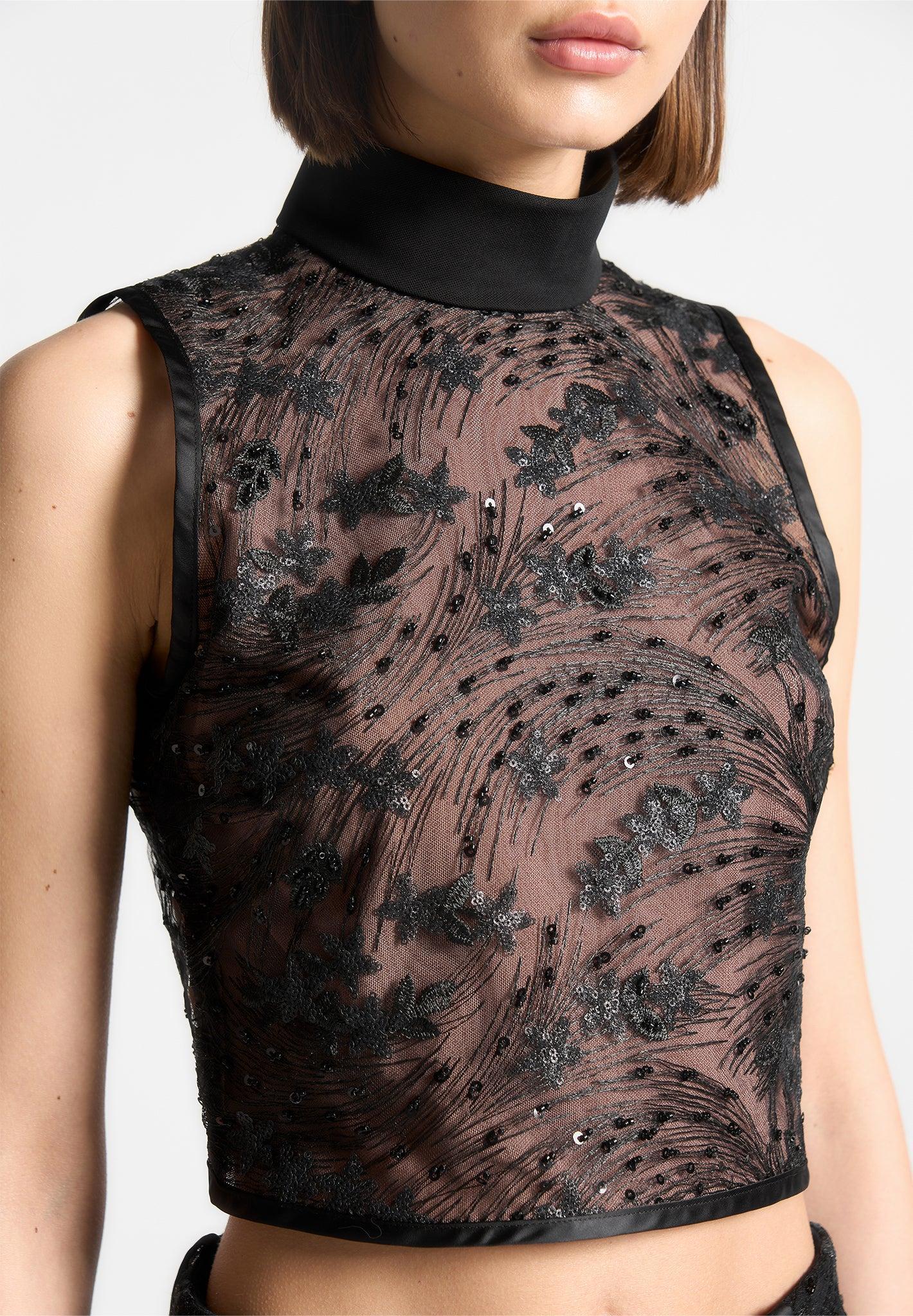 Embellished Lace Open Back Top - Black Female Product Image