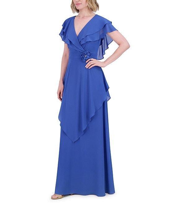 Jessica Howard Long Ruffle Rosette Chiffon Dress Product Image